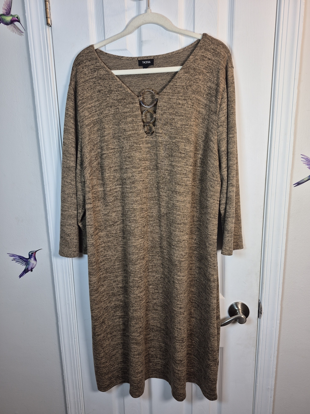 TACERA Brown Marled Knit Sweater Dress 3X Tortoiseshell Ring Keyhole Fall Winter